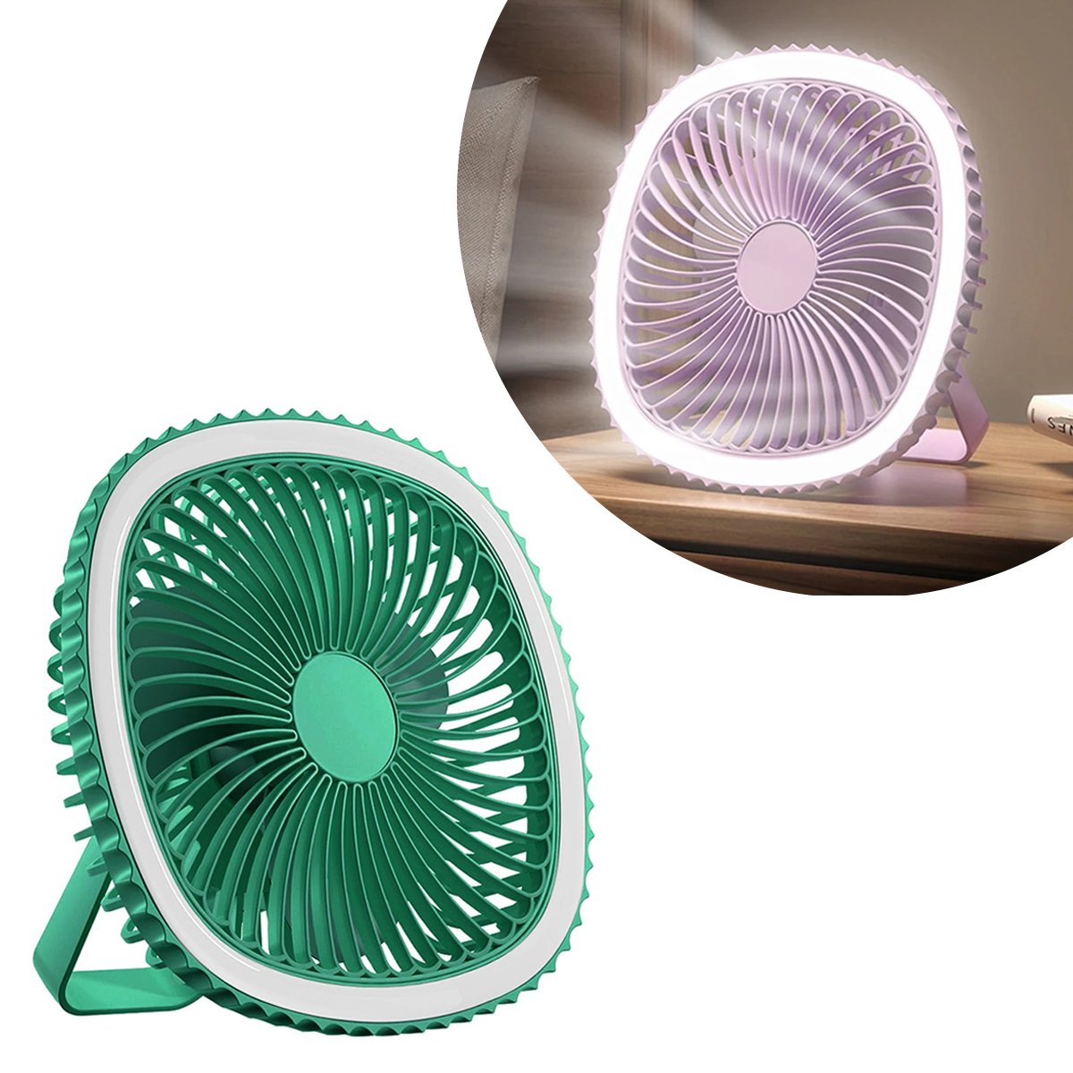 Mini Ventilador Mesa Luz Ring Light Usb Portátil Cor:verde