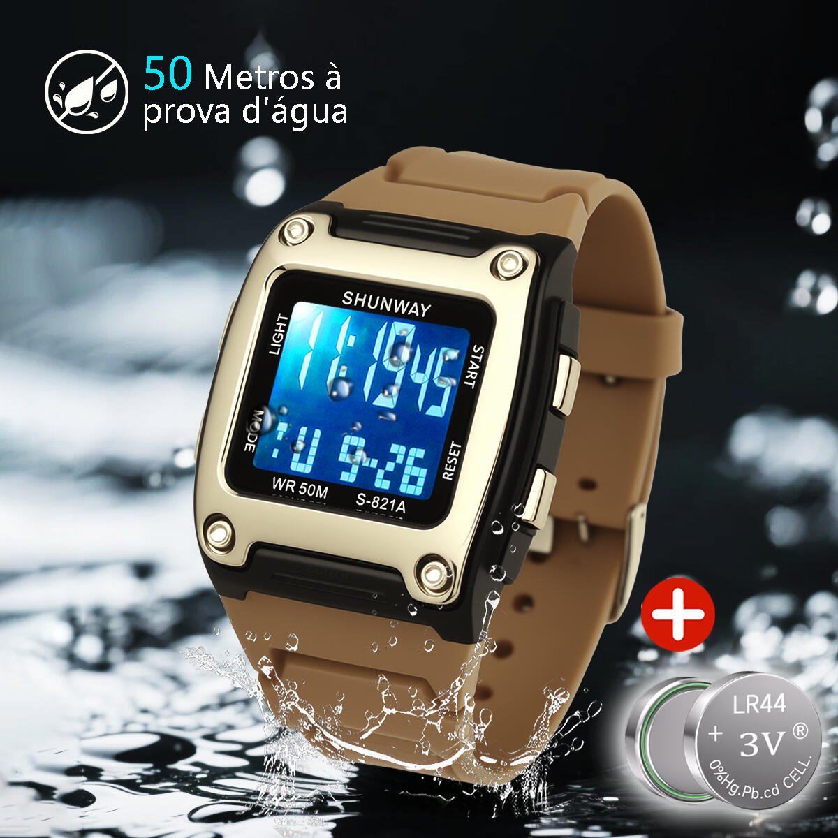 Relógio Digital Masculino Quadrado dourado