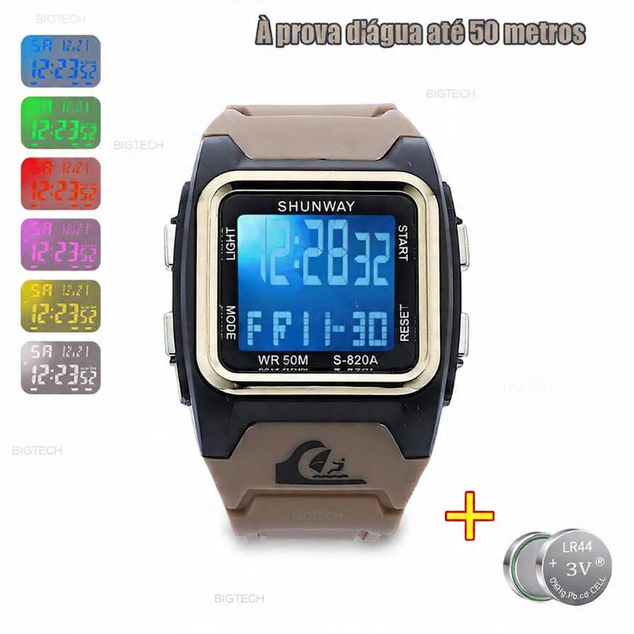 Relógio Digital Masculino Quadrado Dourado e Preto